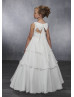 Square Neck Ivory Chiffon Tiered Skirt Pearl Floor Length Flower Girl Dress